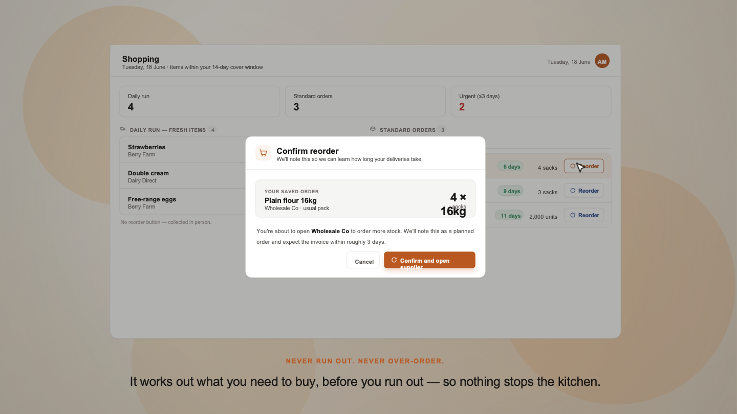 TruLens automated reordering and purchase order screen